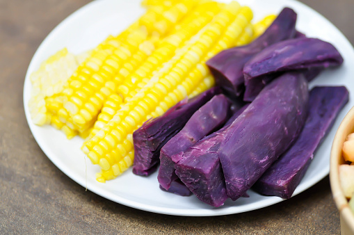 steamed corn and steamed purple sweet potato for serve