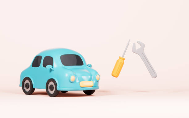 istock Car repair with spanner on the yellow background, automobile maintenance, 3d rendering. 1577603515