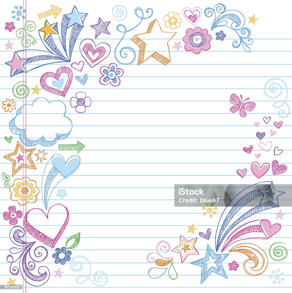 Hand-Drawn Colorful Sketchy Doodles Vector Illustration of Hand-Drawn Sketchy Back-to-School Art Class Notebook Doodles Design Elements including stars, swirls, flowers and hearts. All elements are on a Lined Sketchbook Paper Background. Perfect for back to school projects. Illustrator AI file also included. I ♥ Doodles! Doodle stock vector