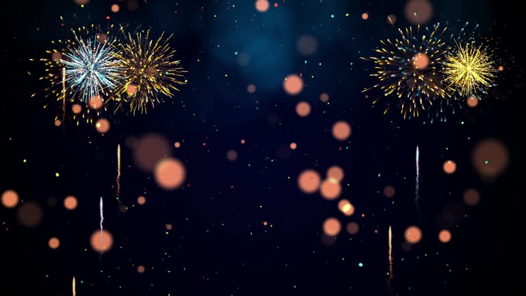 Happy new year 2024 Celebration concept for text. Slow motion bokeh particle confetti and sparkling fireworks on dark background.