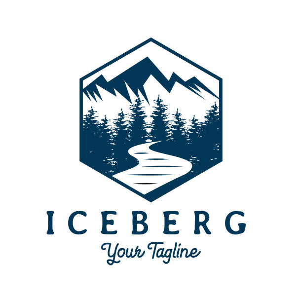 Ice Snow Mountain Hill Creek River and Pine Trees Vintage Retro Style for Adventure Badge Logo Design Vector