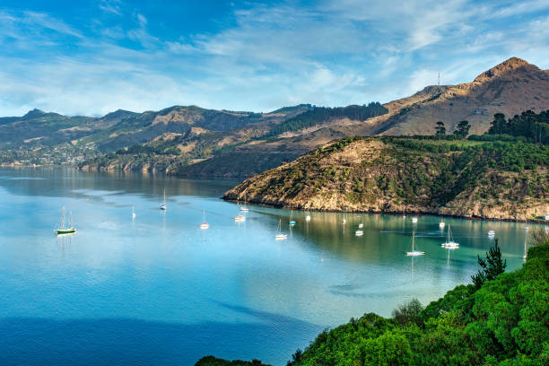 Yachts and other sailing vessels moored in the bays at Banks Peninsula