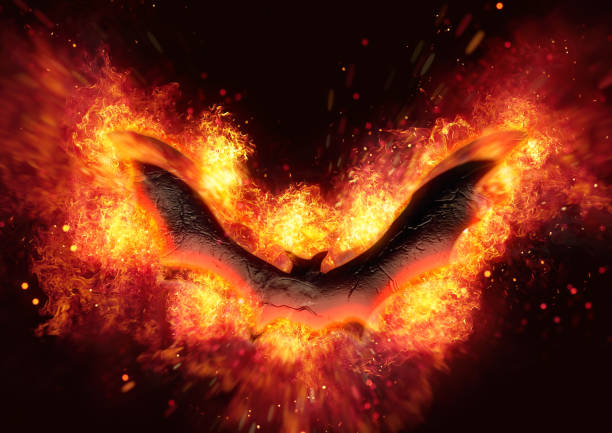 燃える炎の翼を広げた抽象的なコウモリの3Dイラスト