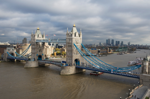 Tower Bridge in London aerial drone view
