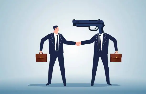 Vector illustration of Threat of force, coercion to deal or enter into an agreement, unequal agreement or deal, bullying, person with a pistol to his head and businessman entering into a deal