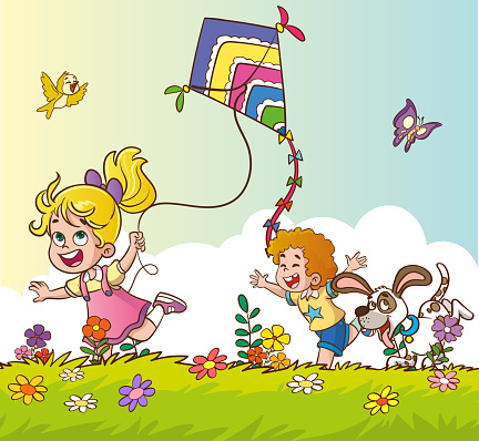 vector illustrations of  happy kids flying a kite on the grass