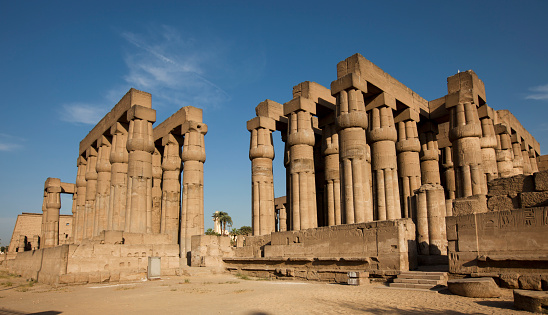 View of Hatshepsut's temple. Mortuary temple of the pharaoh of the Hatshepsut dynasty. Jeser-Jeseru is a masterpiece of ancient Egyptian architecture. The sanctuary is carved right into the rocks.