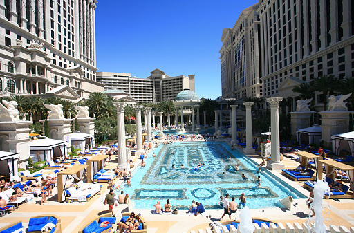 Panorama photo for Cityscape of las vegas city with eiffel statues in paris area, Las Vegas, Nevada, United States on 12Apr 2022