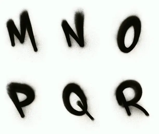 Spray painted graffiti styled capital letters from M - R. On white with loads of fine detailed spray. 
