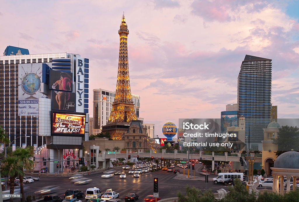 Las Vegas Strip at Twilight  Las Vegas Replica Eiffel Tower Stock Photo