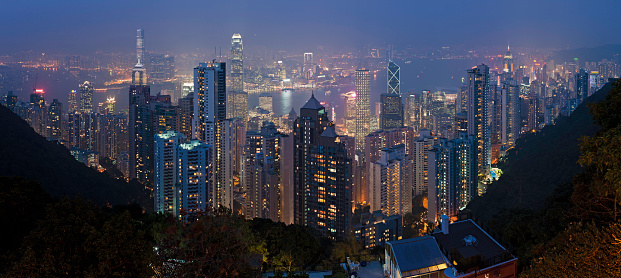 A beautiful view of the Hong Kong skyline at night