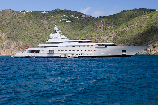 At Sea, Caribbean Sea - JANUARY 01, 2010: The luxury yacht Pelorus anchored in Saint Barts harbour, French West Indies on January 1st 2010.