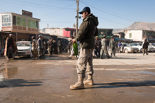 Fayzabad, Afghanistan - November, 30 2008: \nPrivate security guard on the job in Fayzabad, Afghanistan