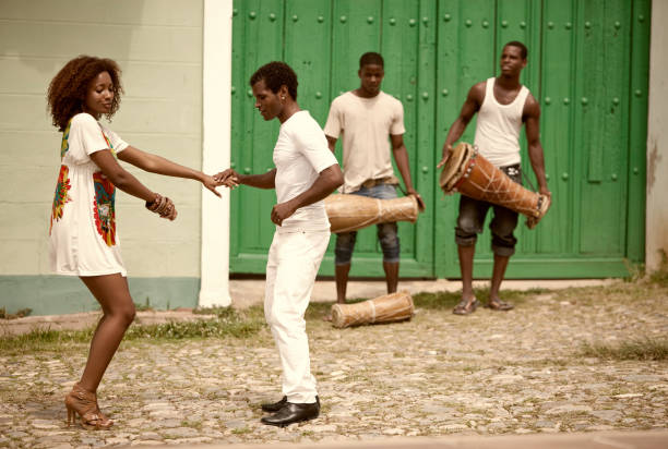 istock Young black couple dancing salsa 157771716