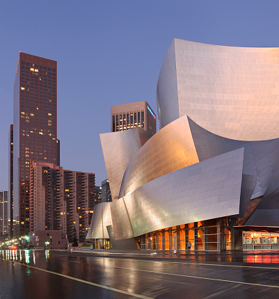 Los Angeles, California – January 21, 2023: Downtown LA at dusk with shimmering Walt Disney Concert Hall and the radiant city lights