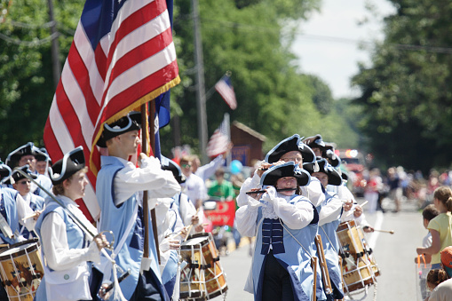 Penfield, New York, USA - July 4th, 2008: Members of the Towpath Volunteers Fife and Drum Corps, from Macedon, NY, marching in the Penfield town Independence Day parade.