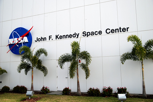Merritt Island, Florida - February, 8 2009: Sign on NASA John F Kennedy Space Center. The John F. Kennedy Space Center is located on Merritt Island, Florida and it is a U.S. government installation that manages United States astronaut launch facilities.