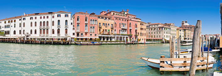 Venice, Veneto - Italy - 06-10-2021: Fourteenth-century Palazzo Orio Semitecolo Benzon in Venice, displaying distinct Gothic features by the Grand Canal