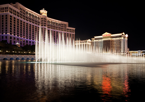 USA. Las Vegas. 09.16.2022. Close up view of gorgeous Bellagio fountains Las Vegas Strip - Las Vegas Strip Hotel.