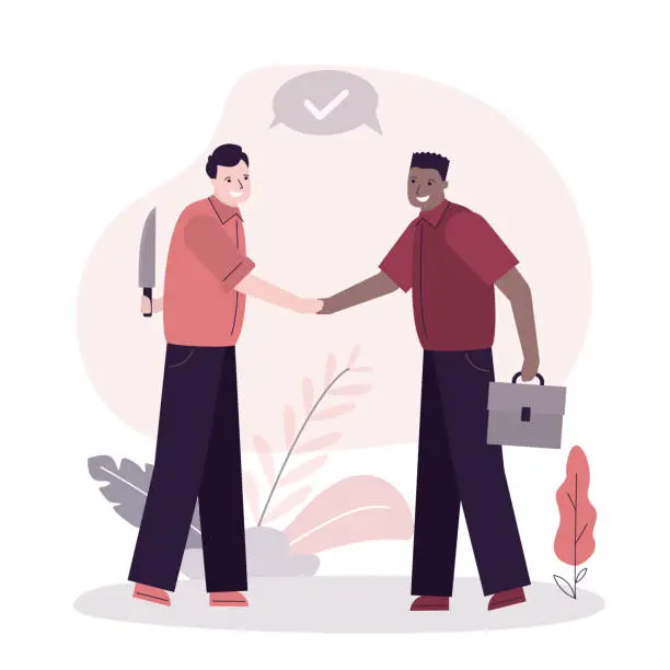 Vector illustration of Business betrayal concept. colleague deceiver holds knife behind his back. Two businessmen shaking hands. Business betrayal and lie concept.