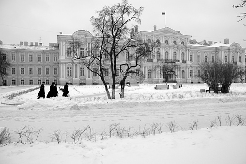 Landscape in beautiful romantic style. Russia, Saint-Petersburg. January 30, 2022.