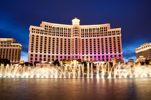 Beautiful view of night fountains of Bellagio hotel on Strip. Las Vegas, Nevada, USA.