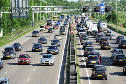 Large trucks and dense traffic on German autobahn A3