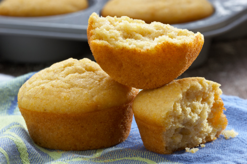 Freshly made gluten free corn muffins. Made completely with out wheat and gluten products; Corn meal, brown rice flour, xanthan gum, baking powder, sugar, salt, egg, milk, oil and water