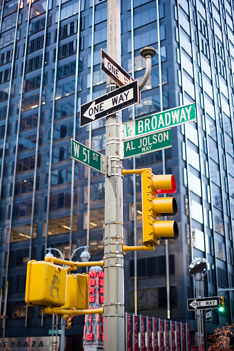 New York, side view city street signs with selective focus over buildings in New York,United States of America. American city view. One way direction sign and street names over buildings in America