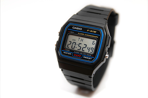 Liverpool, England - January 6, 2011: Casio F-91W watch studio photograph isolated on white