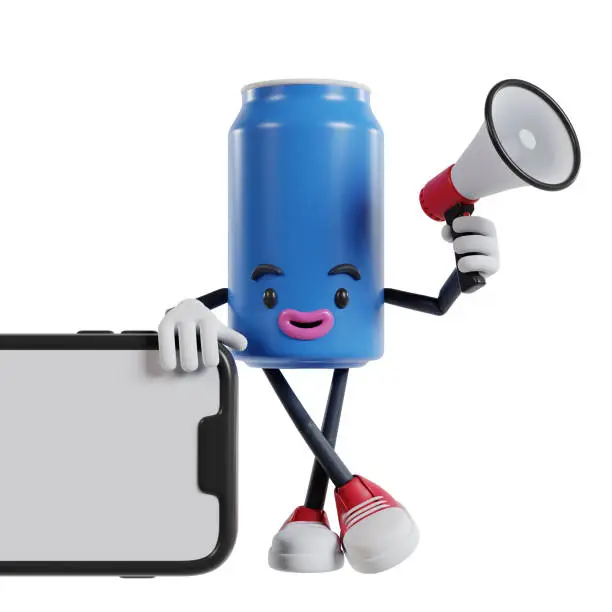 Photo of blue can of soft drink cartoon character leaning on landscape cellphone holding megaphone