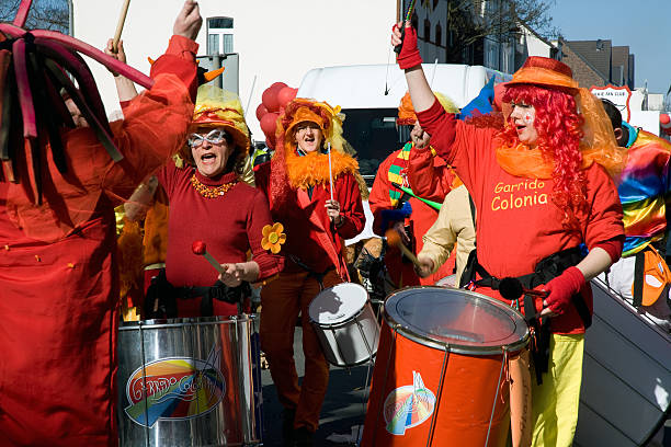 Lisbon, Portugal - February 24, 2024: Carnival parade drummers in streets of Lisbon by artistic collective Clandestine Colombina