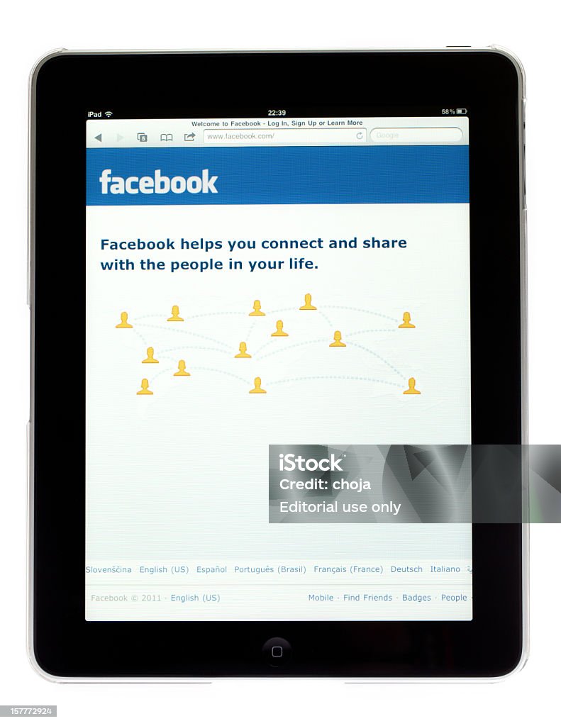 Apple Ipad tablet com foto do facebook local na tela - Foto de stock de Computador royalty-free