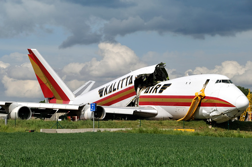 Zaventem, Belgium - May, 27 2008: Kalitta Air Boeing 747 cargo crashed on take off in Brussels Airport on May, 25 2008. The plane broke into several  pieces near a rail line and houses but no one on the ground wa hurt.