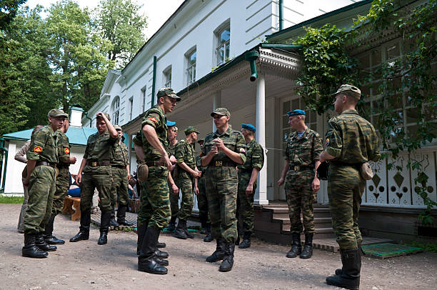Young Soldiers Visiting Tolstoy's Home  leo tolstoy stock pictures, royalty-free photos & images