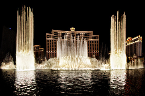 Las Vegas, USA - October 6, 2009: Bellagio fountains, here captured with multiple long exposures.are one of the landmarks of Las Vegas, located on the famous Las Vegas Strip where many of the largest hotel, casino and resort properties in the world are located. Nineteen of the world's 25 largest hotels by room count are on the Strip, with a total of over 67,000 rooms.