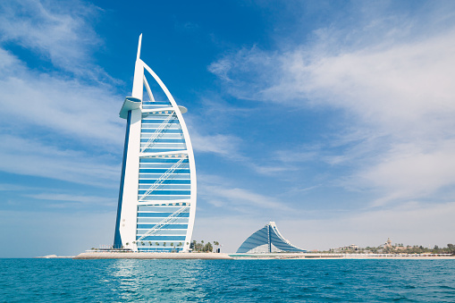 Dubai, United Arab Emirates - October 11, 2023: W Dubai – Mina Seyahi luxury hotel resort located near the Palm Jumeirah in Dubai