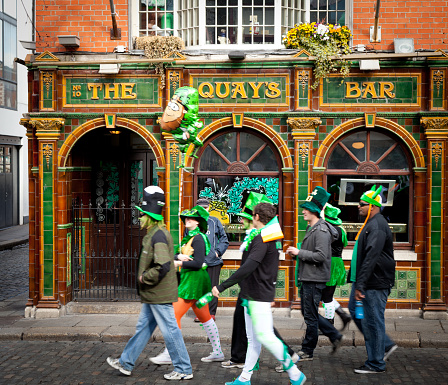Dublin, Ireland – March 18, 2019: The people dressed up in green for saint Patrick's day in Ireland, Dublin City center