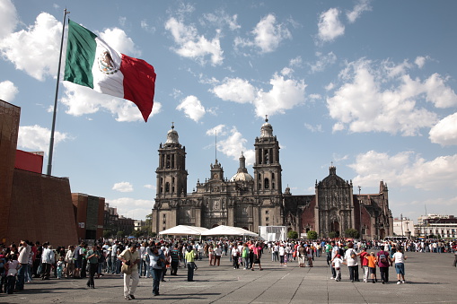 Mexico City, Mexico - March 22th, 2010: The Metropolitan cathedral in Zocalo square, downtown Mexico city.