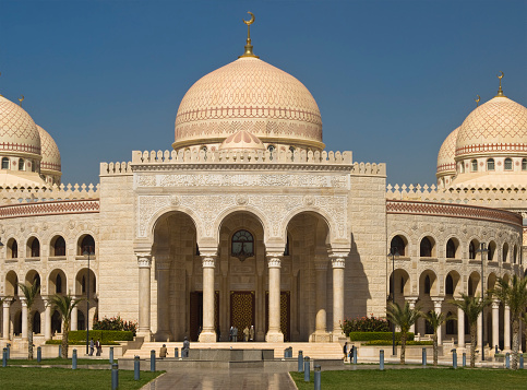 Blitar, East Java, Indonesia - April 6, 2024 : The beautiful Ar-Rahman mosque. This mosque has architecture similar to the Nabawi Mosque in Medina.