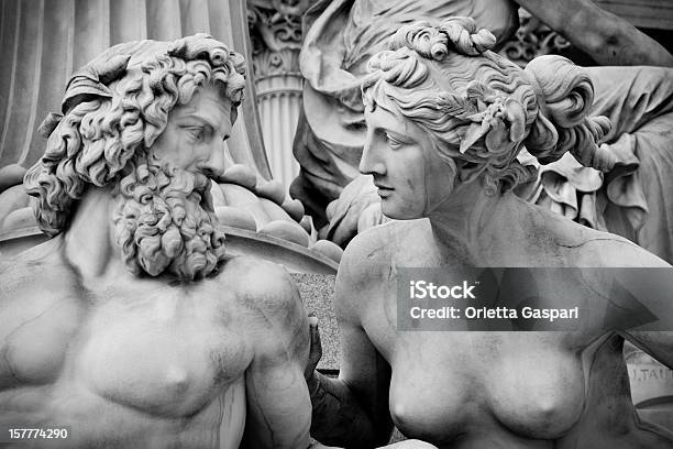 Pallasathenebrunnen Vienna Bw Stock Photo - Download Image Now - Statue, Classical Greek, Black And White