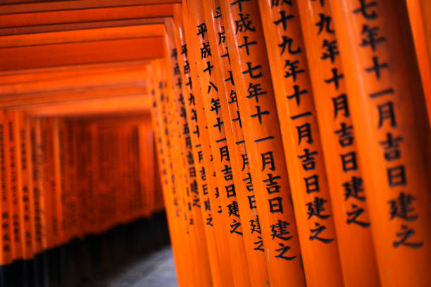 Kyoto, Japan - August 18, 2019: Young Women Tourist Walk Through Torii gates in Fushimi Inari Shrine.