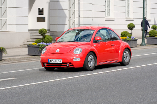 Schieder-Schwalenberg, North Rhine-Westphalia, Germany, May 8, 2022: Classic car show. Volkswagen Beetle back side view