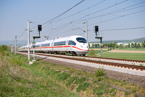 Pune, India - June 18 2023: The Solapur Mumbai Vande Bharat Express Train heading towards Mumbai, shot at Uruli near Pune India.