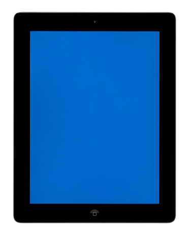 A 3D rendering of a tablet with a blank screen for copy space on a white background