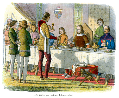 Vintage colour lithograph from 1864 showing Edward the Black prince serving King John of France at table after having defeated him at the Battle of Poitiers in 1356