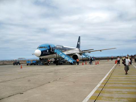 San Jose Del Cabo, Mexico - February 1, 2016: Westjet  737  at the gate in San Jose Del Cabo. The people are airport emlpoyees attending to the aircraft and passengers boarding. The airport is about a half hour fron San Jose Del Cabo and an hour from Cabo San Lucas.