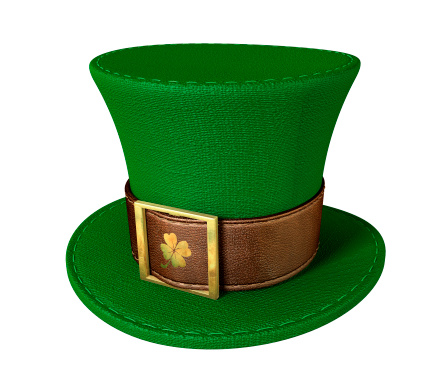 A green material leprechaun hat with a brown leather band emblazened with a gold shamrock and buckle on an isolated background