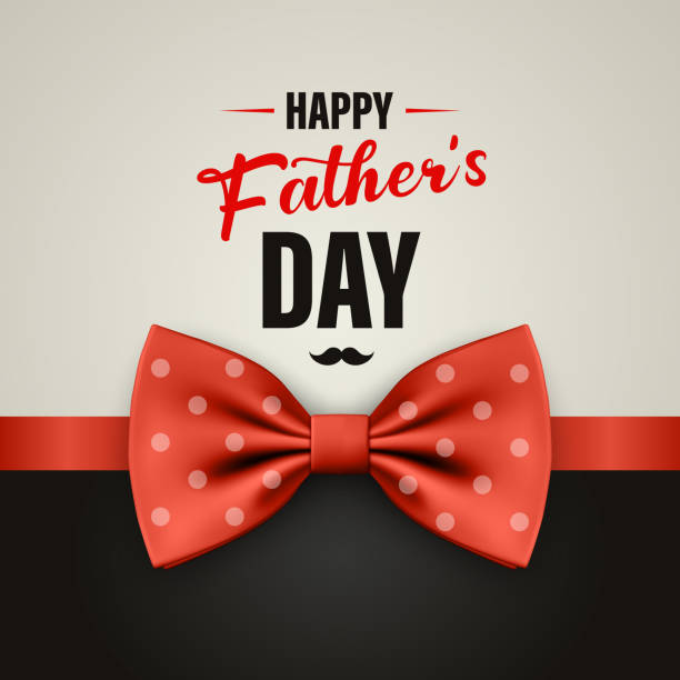 illustrazioni stock, clip art, cartoni animati e icone di tendenza di banner vettoriale per la festa del papà con primo piano realistico di papillon rosso e testo di congratulazioni. papillon lucido in seta, cravatta gentleman. modello di progettazione. papillon da uomo. moda uomo, festa del papà - festa del papà