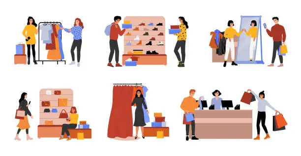 Vector illustration of Fashion shop. Retail sale. People choose or try clothing in boutique. Customers in market. Happy commerce sellers. Persons buy trendy clothes. Mall buyers set. Vector flat illustration